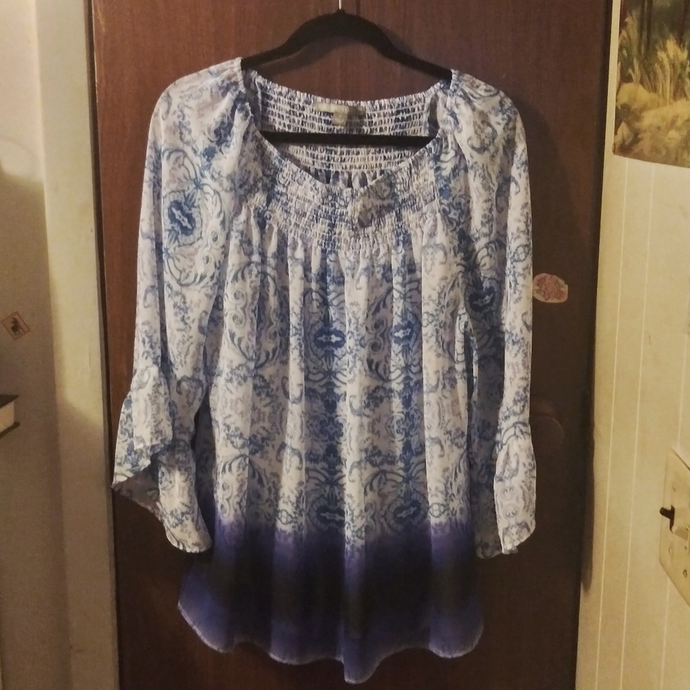 Valerie Stevens Blue Dip Tie French Toile Blouse Size: 1X